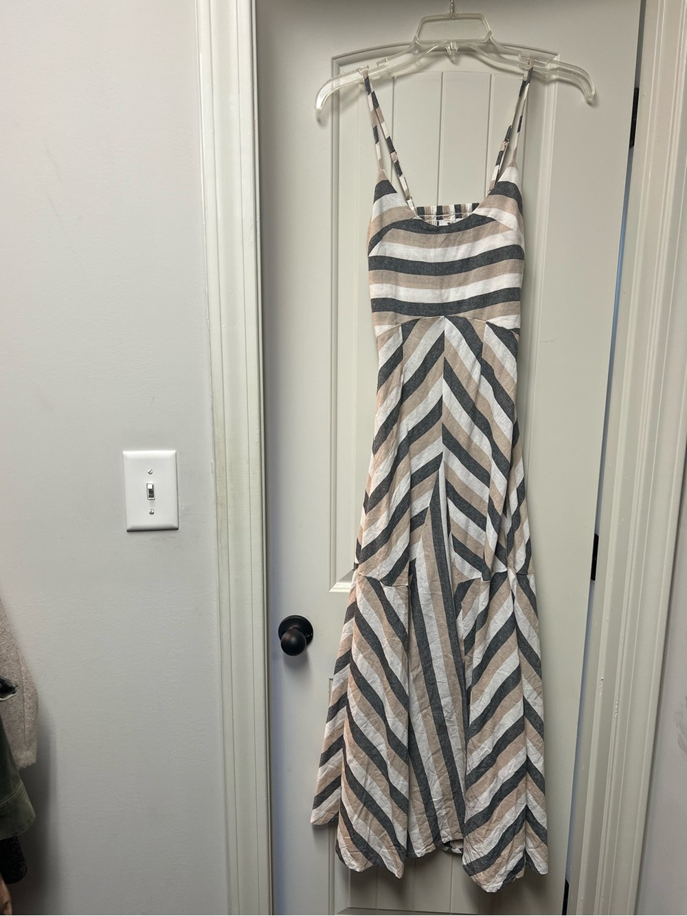 Tulip Creations Striped Spaghetti‑Strap Maxi Dress in Beige and Gray